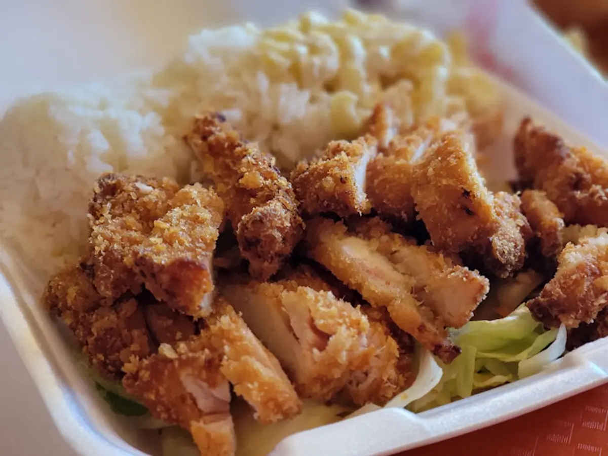 Close-up of golden fried chicken katsu with rice and macaroni salad